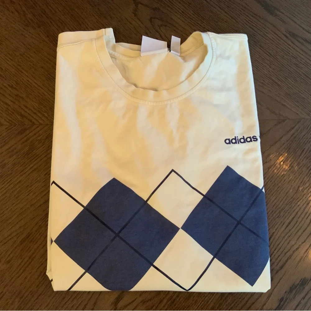 Adidas Men's Long Sleeve Cream and Blue Tee - Picture 4 of 4
